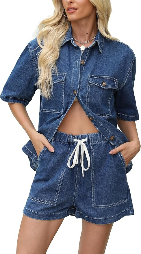 EZAPINE Denim Set for Women 2 Piece Button Down Shirt High Waist Denim Short Set Summer Jean Matc... | Amazon (US)