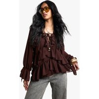 Womens Ruffle Tie Front Blouse - Brown - 10, Brown | Boohoo.com (UK & IE)