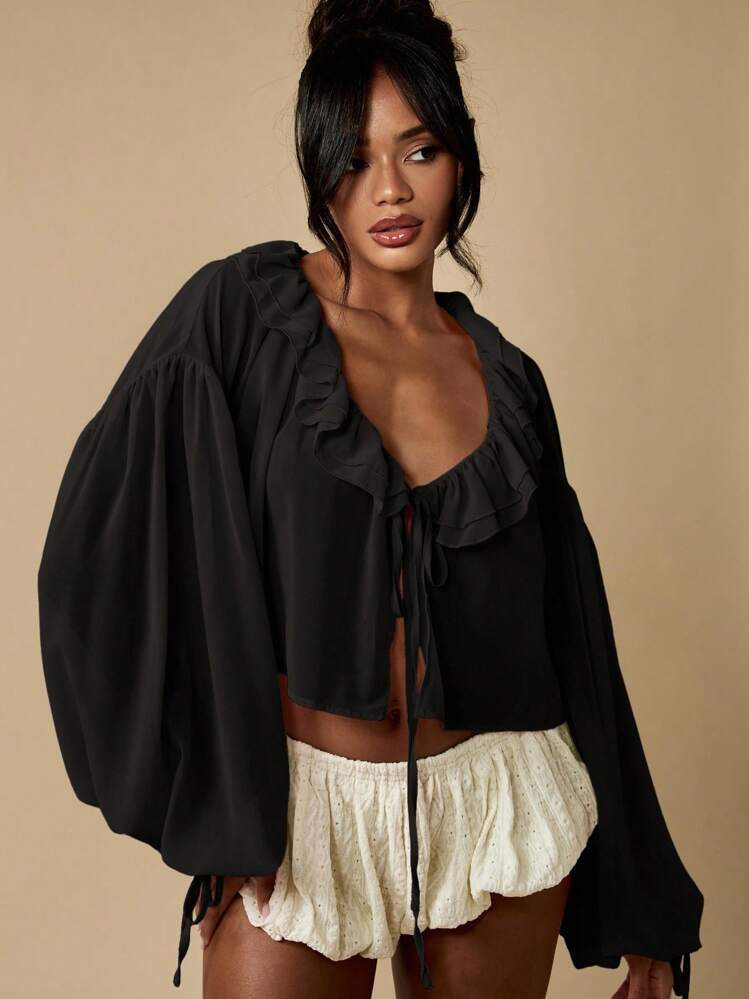 MISSGUIDED Ruffled Peasant Blouse Victorian Style Bishop Sleeve Crop Top Ruffle Collar Renaissance Boho Festival Cottage Core Summer Blouse | SHEIN