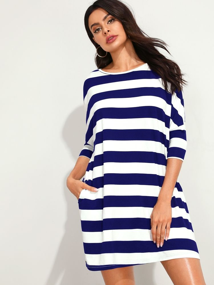 SHEIN Batwing Sleeve Slant Pocket Striped Dress | SHEIN