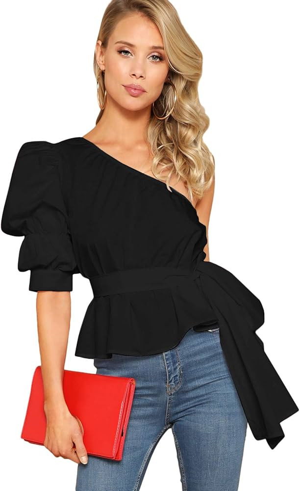Romwe Women's One Shoulder Short Puff Sleeve Self Belted Solid Blouse Top | Amazon (US)