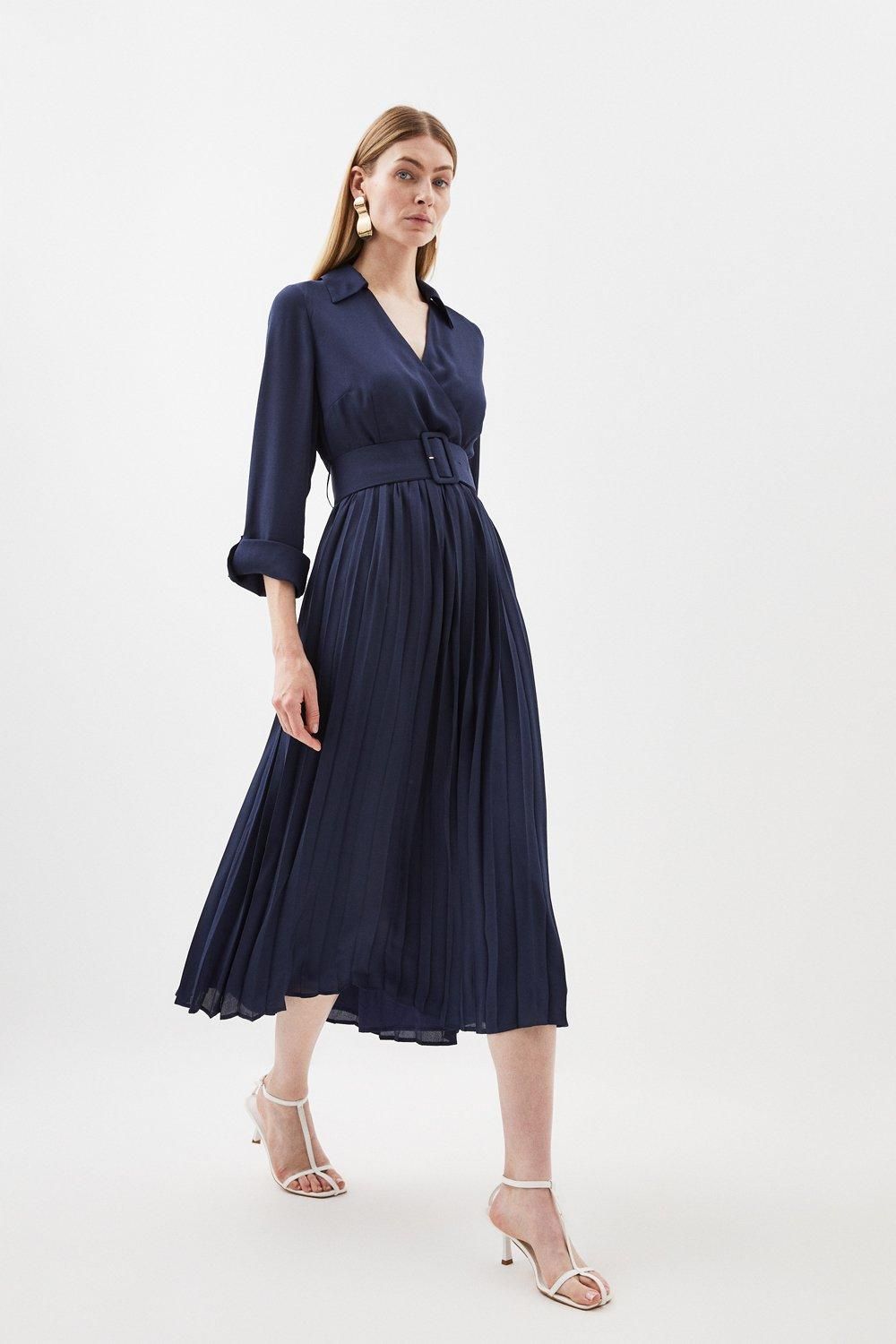 Collared Georgette Pleated Belted Midi Dress | Karen Millen UK + IE + DE + NL