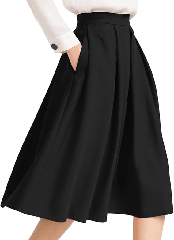 Women's High Waist Flared Skirt Pleated Midi Skirt with Pocket | Amazon (US)