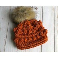 Pumpkin Bobble Toboggan/Beanie with Pom, Crochet Toboggan with Fur Pom | Etsy (US)