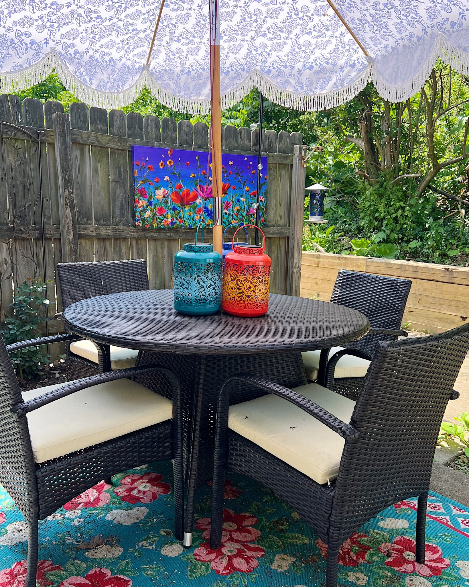 Four seat outdoor dining set, patio furniture, patio umbrella, outdoor art, outdoor rug, outdoor lanterns, outdoor decor, patio decor, affordable patio furniture 

#LTKSeasonal #LTKFind #LTKhome