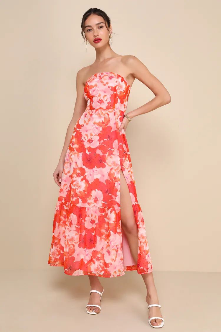 Bright Perspective Orange and Pink Floral Strapless Midi Dress | Lulus