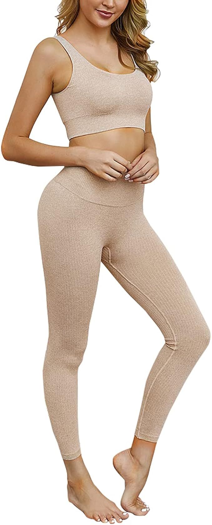 Yaavii Workout Outfits for Women Ribbed Seamless 2 Piece High Waist Yoga Leggings Sets | Amazon (US)