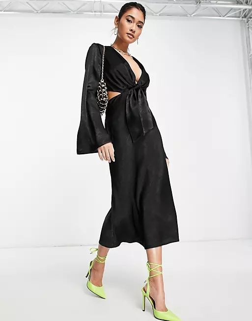 ASOS DESIGN tie front satin midi dress with flared sleeve and cut out side | ASOS (Global)