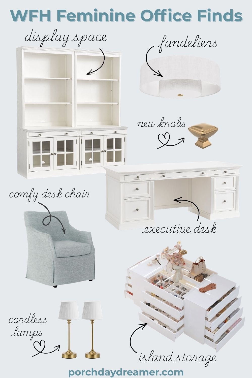 My work from home creator office plan. @potterybarn Livingston bookcase and executive desk to take center stage.

The best part? Using a 16 drawer closet island for storage and a beautiful blue office chair that is comfortable plus feminine too. 

#wfh #officeideas #officedesk #officechair 

 #LTKSpringSale #LTKHome #LTKSaleAlert