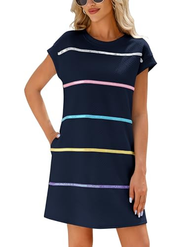 Wenrine Womens Textured T Shirt Dress Short Sleeve Summer Casual Sequin Stripe Mini Dresses | Amazon (US)