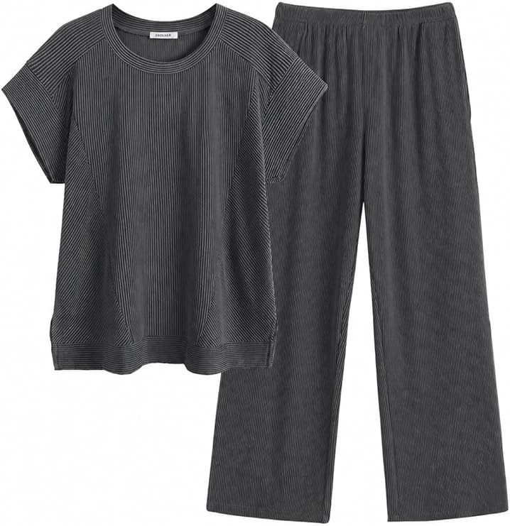 Ekouaer Two Piece Sets for Women Ribbed Short Sleeve Wide Leg Pant Set | Ribbed Texture, Crew Nec... | Amazon (US)