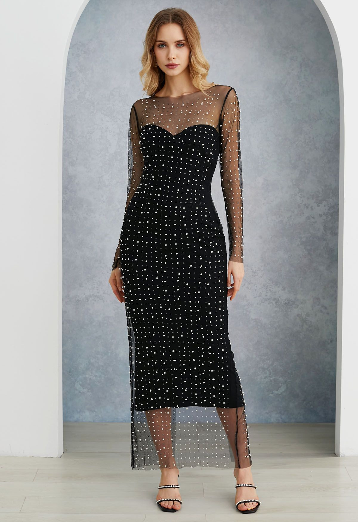 Full Pearl Embellished Sheer Mesh Cover-Up Maxi Dress in Black | Chicwish