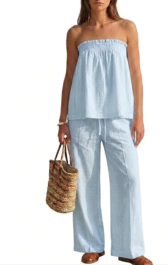 MAKABO 2 Piece Sets for Women Summer Tube Top Lounge Matching Trendy Wide Leg Pants Travel Airpor... | Amazon (US)