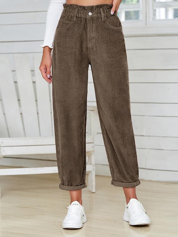 Paperbag Waist Corduroy Pants | SHEIN