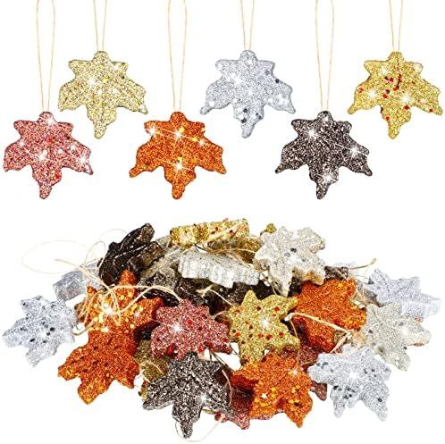 36 Pcs Thanksgiving Halloween Glitter Maple Leaves Pumpkin Mini Hanging Fall Leaves Artificial Co... | Amazon (US)