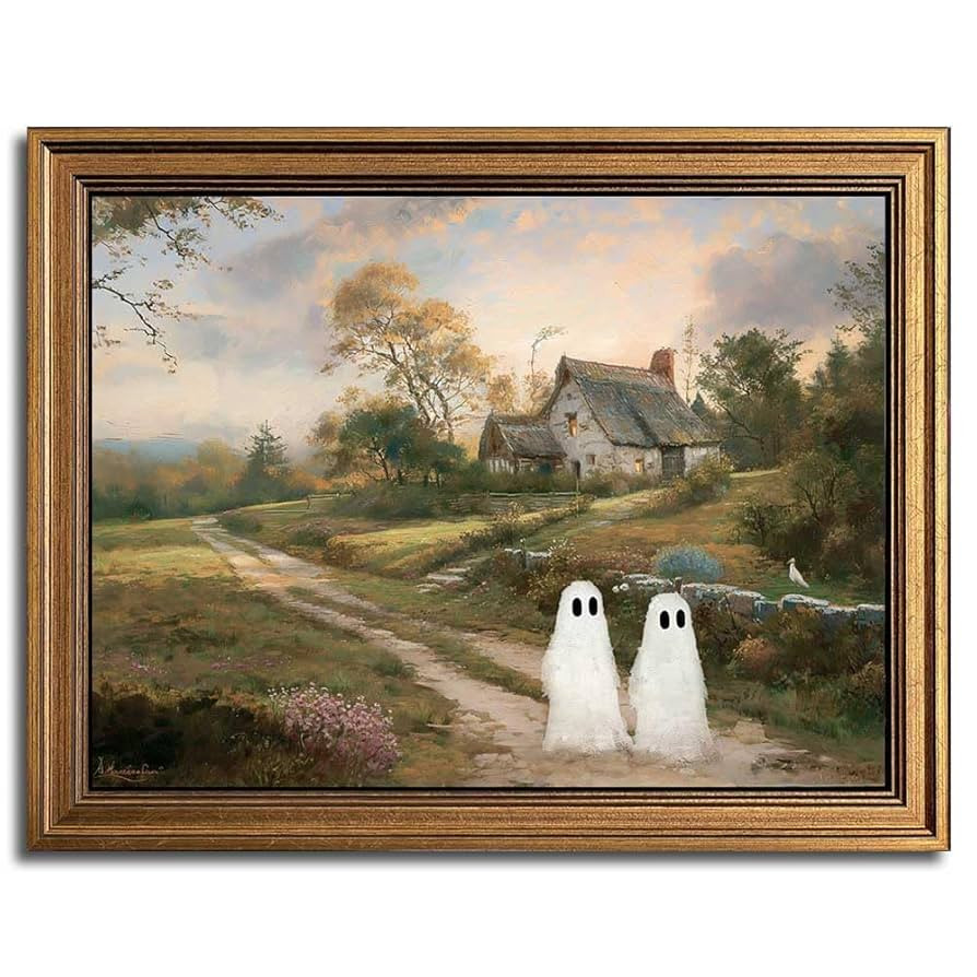 Gold Framed Vintage Halloween Wall Art, Rustic Landscape Wall Decor, Cute Ghost Decor Wall Art, A... | Amazon (US)