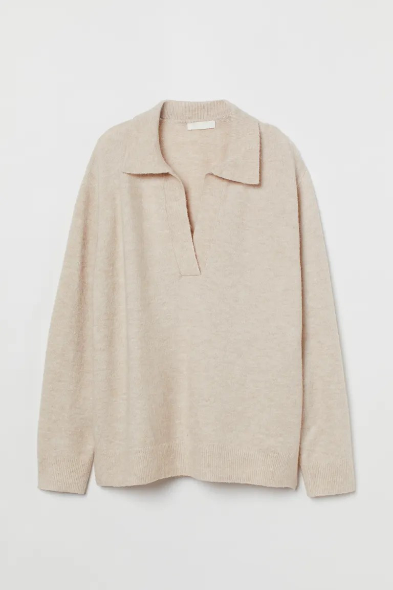 Relaxed-fit sweater in a soft knit with wool content. Open collar, V-shaped opening at front, dro... | H&M (US + CA)