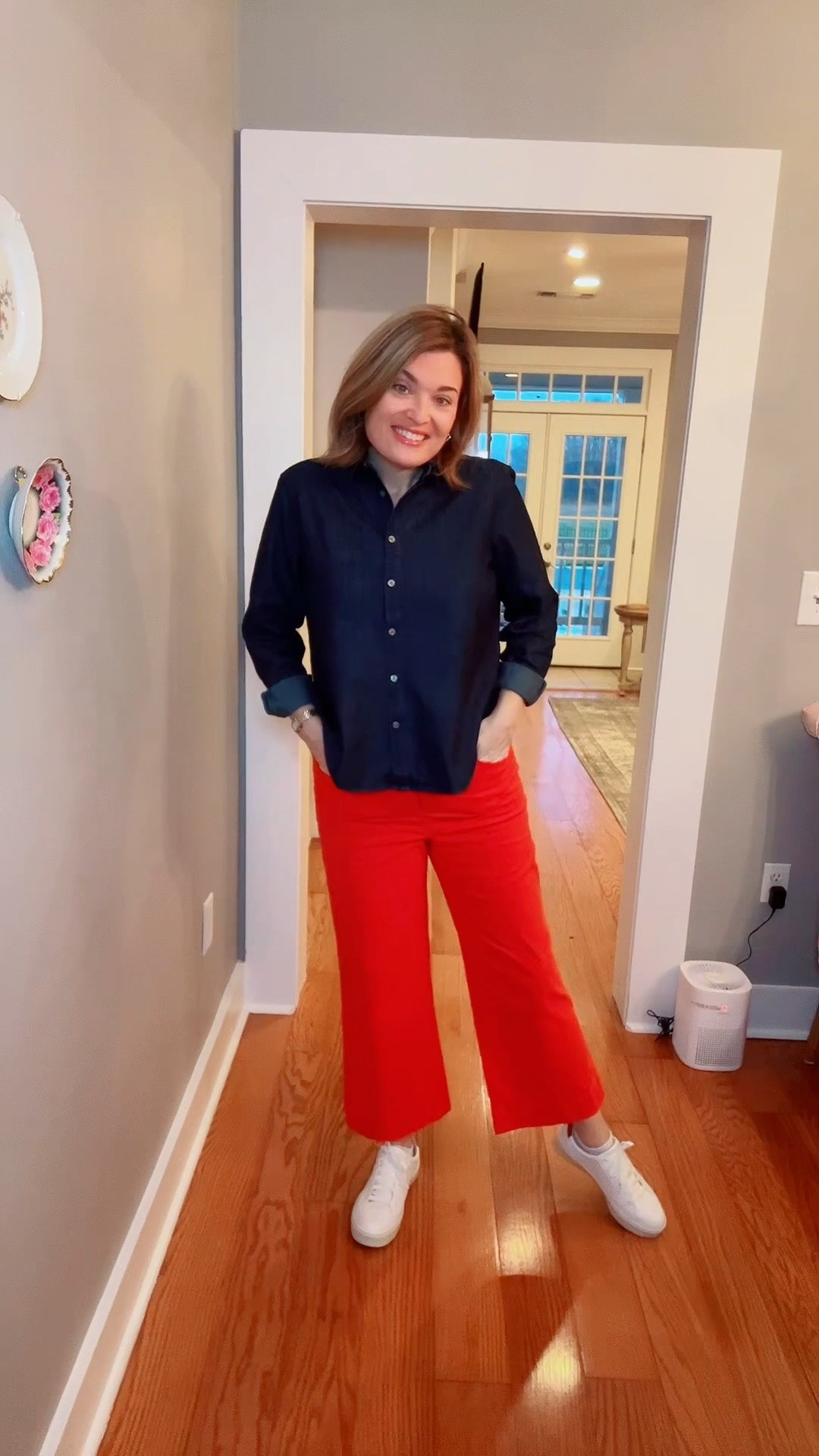 A very real Tuesday working-mom outfit: comfy, practical, and still cute ✔️ Denim button-down + statement pants = easy win. Everything linked in my LTK. 

#LTKootd #LTKgrwm #LTKOver40