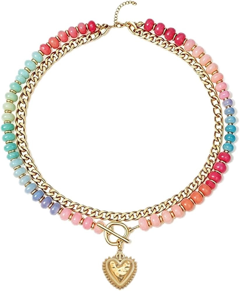 Chunky Layered Necklaces for Women, Cute Heart Pendant Colorful glass Beaded Choker Trendy Anti-T... | Amazon (US)