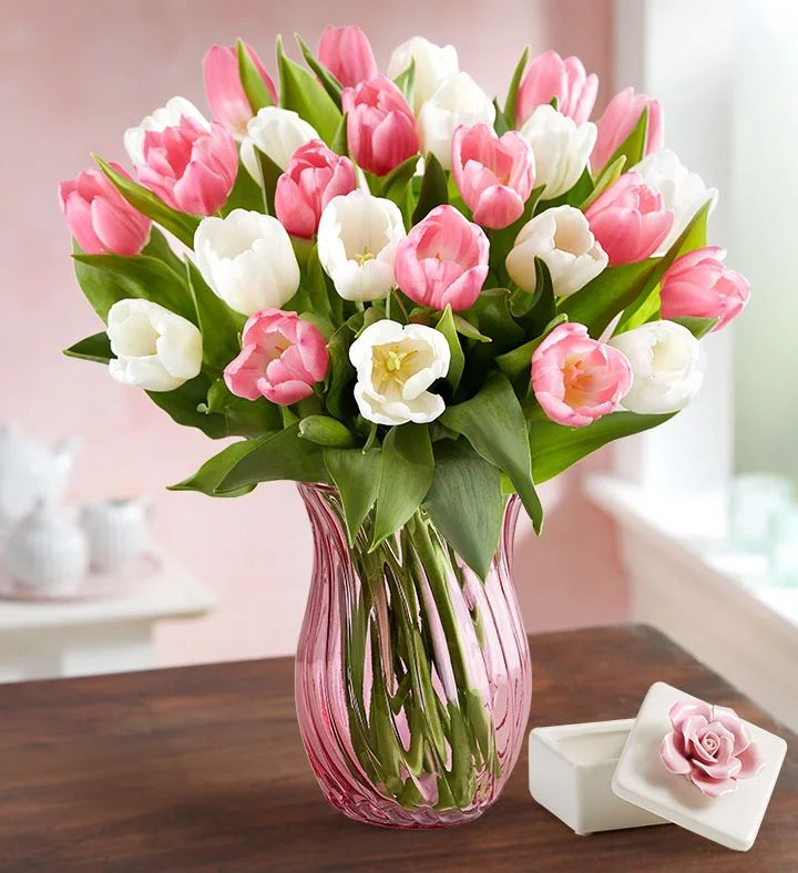 Our sweet pink & white tulips are a welcome surprise for spring. Send a bouquet of 15 or 30 to br... | 1800flowers.com