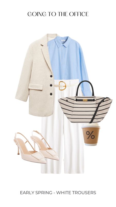White trousers blue shirt beige blazer tote handbag 

#LTKshoecrush #LTKstyletip #LTKitbag