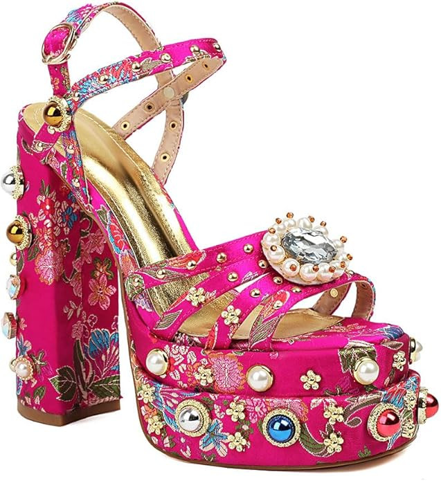 Feinlina Women Rhinestone High Chunky Platform Open Toe Block Heels Gems Detail Fashion Green Pin... | Amazon (US)