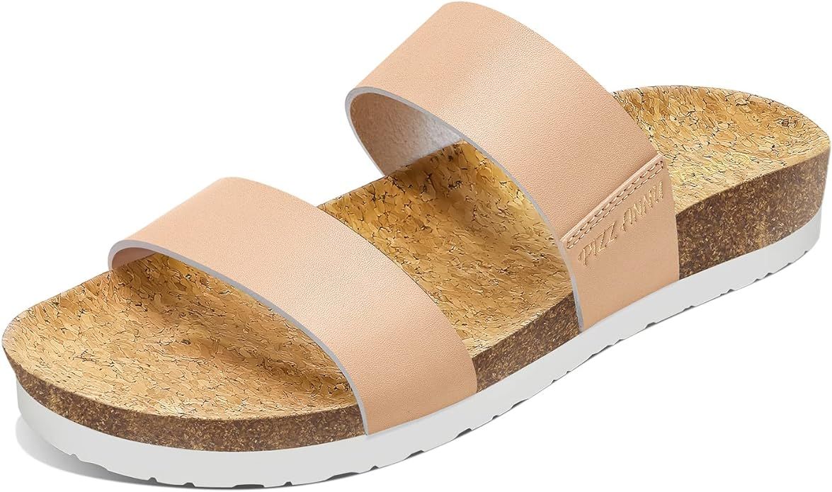 PIZZ ANNU Women's Slide Sandals Open Toe Two Strap Flat Sandals With Comfort Cork Footbed Slip-On... | Amazon (US)