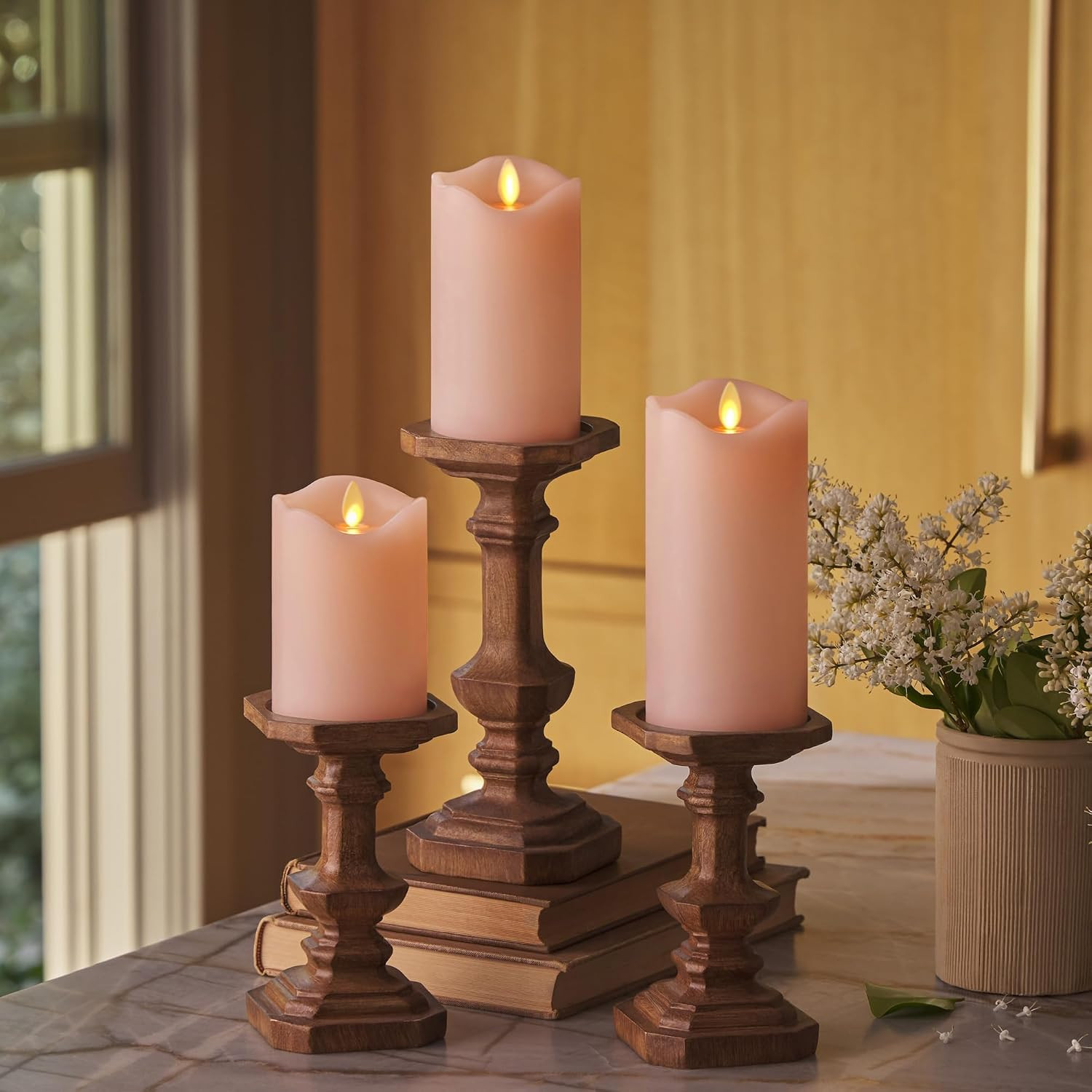 Co. Flameless LED Battery Operated Flickering Pillar Candles - Pastel Pink - Set of 3 - Indoor Outdoor Decor Safe | Amazon (US)