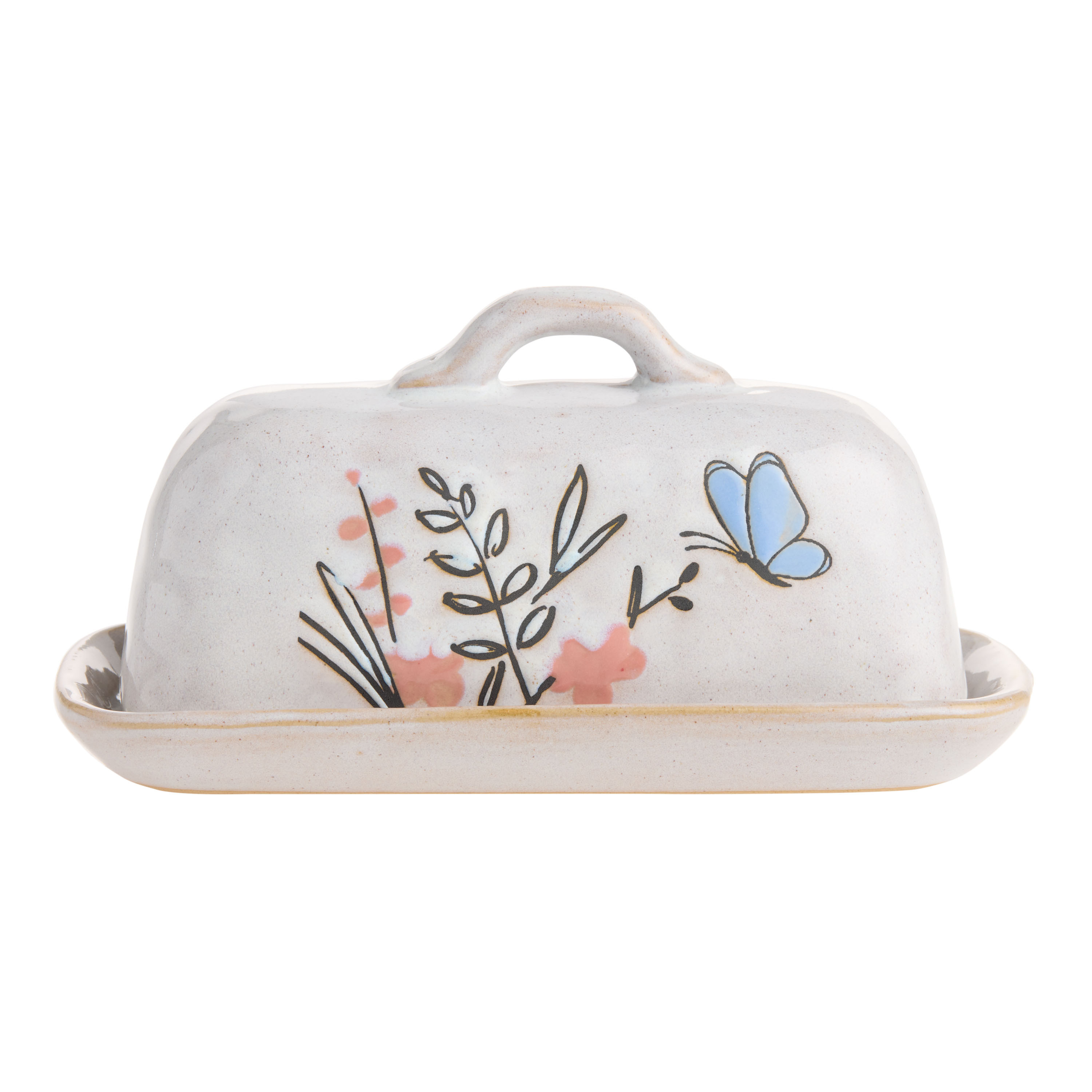 Ivory Wax Resist Ceramic Flowers and Butterfly Butter Dish | World Market