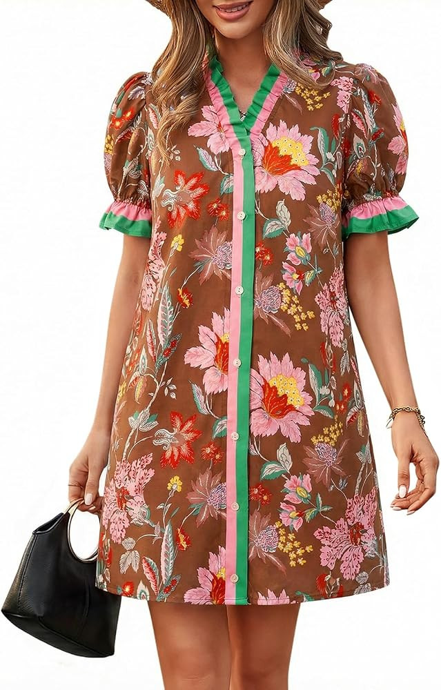 Wenrine Womens Summer Mini Dresses Casual Floral Puff Short Sleeve V Neck Button Down Ruffle Beac... | Amazon (US)