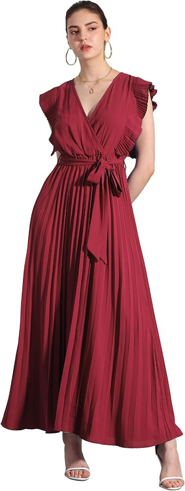 Allegra K Maxi Dresses for Women's Ruffled Sleeve V Neck Wrap Pleated Dress | Amazon (US)