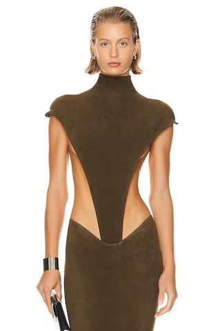 LaQuan Smith Mock Neck High Cut Bodysuit in Dark Olive | FWRD | FWRD 