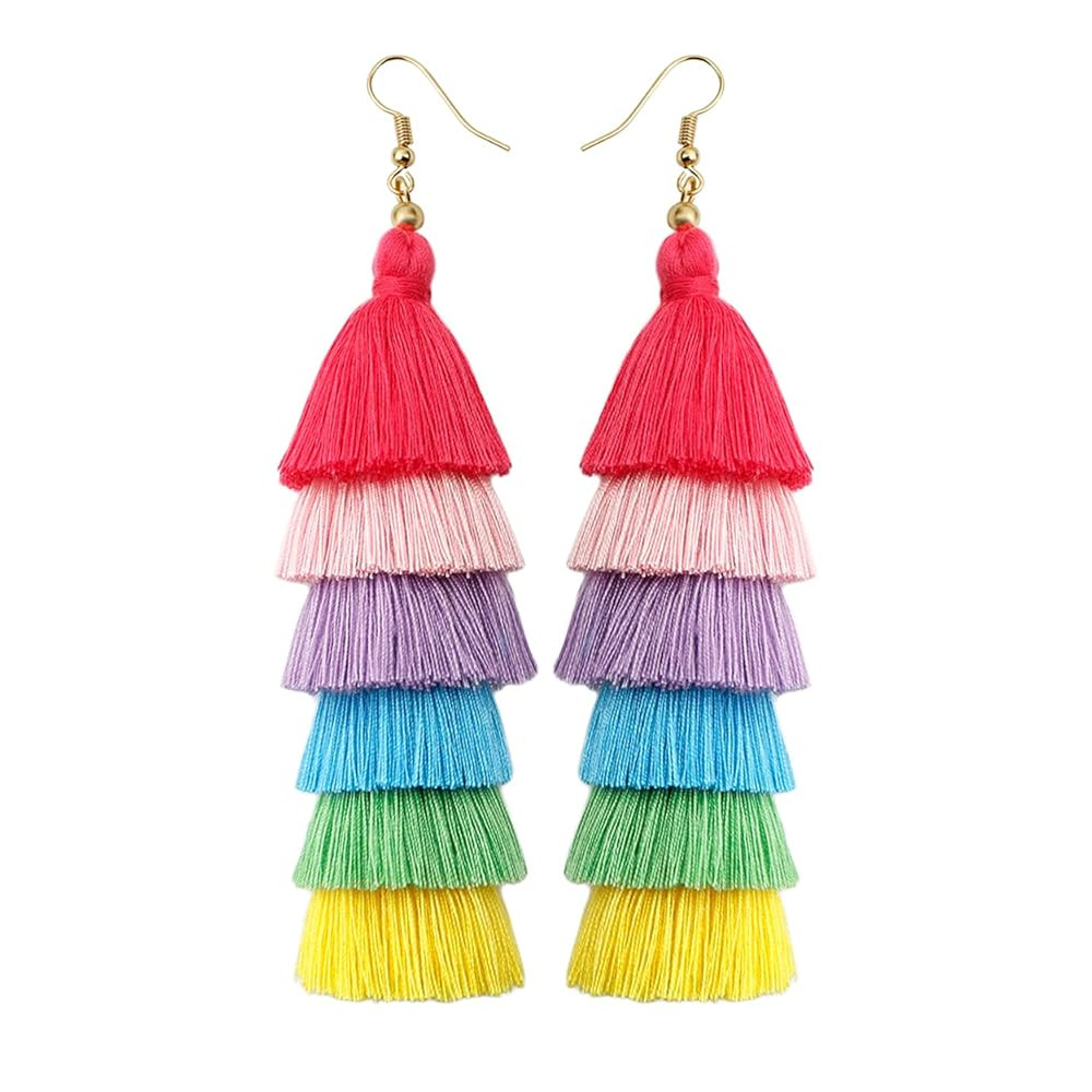 JeanBeau Rainbow Layered Bobo Tassel Dangle Drop Earrings for Women Men Long Pride LGBT Accessori... | Amazon (US)