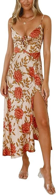 Fashionme Women Spaghetti Strap Midi Satin Dresses Tie Front Backless Split Hollow Dress | Amazon (US)