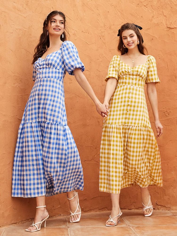 1pc Blue And White Gingham Covered Button Milkmaid Dress | SHEIN