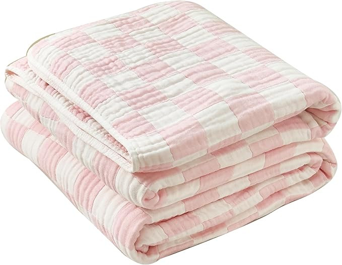SANACYNA 100% Cotton Muslin Throw Blanket 6-Layer Gauze Pink Checkered Bed Blanket Lightweight So... | Amazon (US)