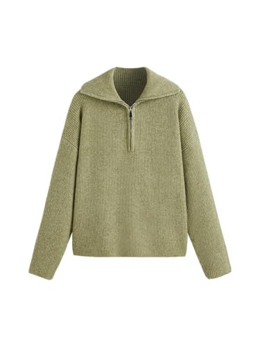 CIDER Quarter Zip Pullover Sweaters for Women Trendy V Neck Long Sleeve Fall Sweaters Solid Knit Chunky Sweater: Light Green, M | Amazon (US)