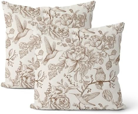 Chinoiserie Brown Throw Pillow Covers 18x18 Inch 2 Pcs Vintage Brown Floral Bird Outdoor Decor Pi... | Amazon (US)