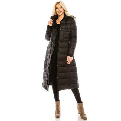 Haute Edition Women's Maxi Length Quilted Puffer with Fur Lined Hood BLACK Medium | Target