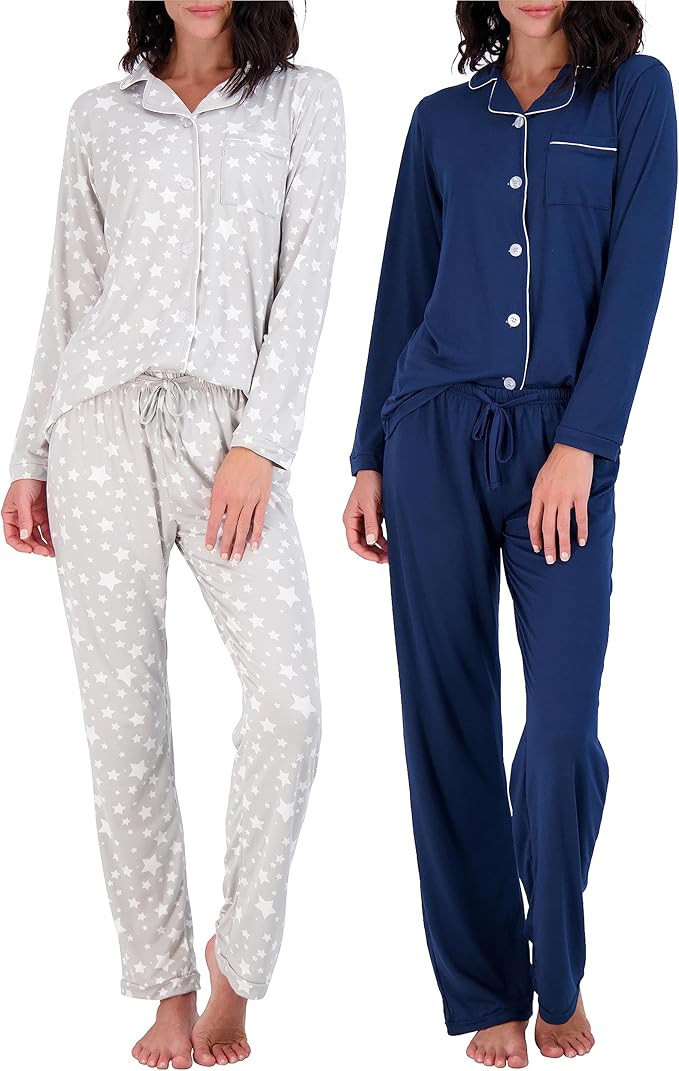 Real Essentials 2 Pack: Women's Pajamas Set Button Down Pants Soft Matching Sleepwear (Available ... | Amazon (US)