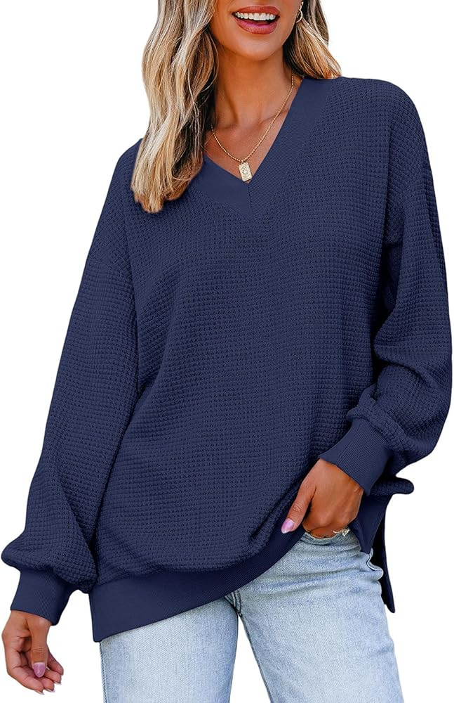Dokotoo Women's V Neck Long Sleeve Waffle Knit Tops Off Shoulder Oversized Pullover Sweater | Amazon (US)