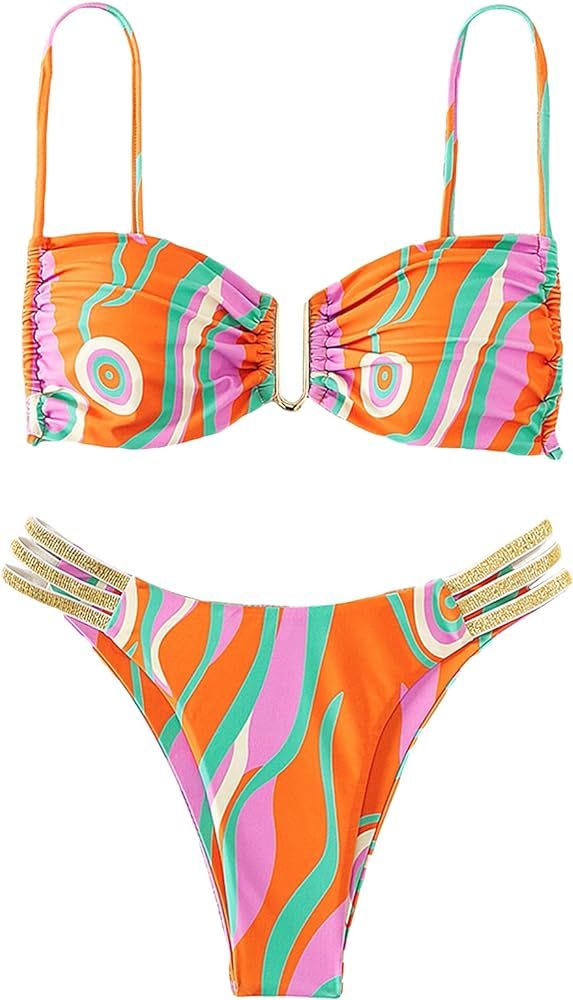 COZYEASE Women's 2 Piece Sets Print Bikini Swimsuits Color Block Bathing Suits Sets | Amazon (US)