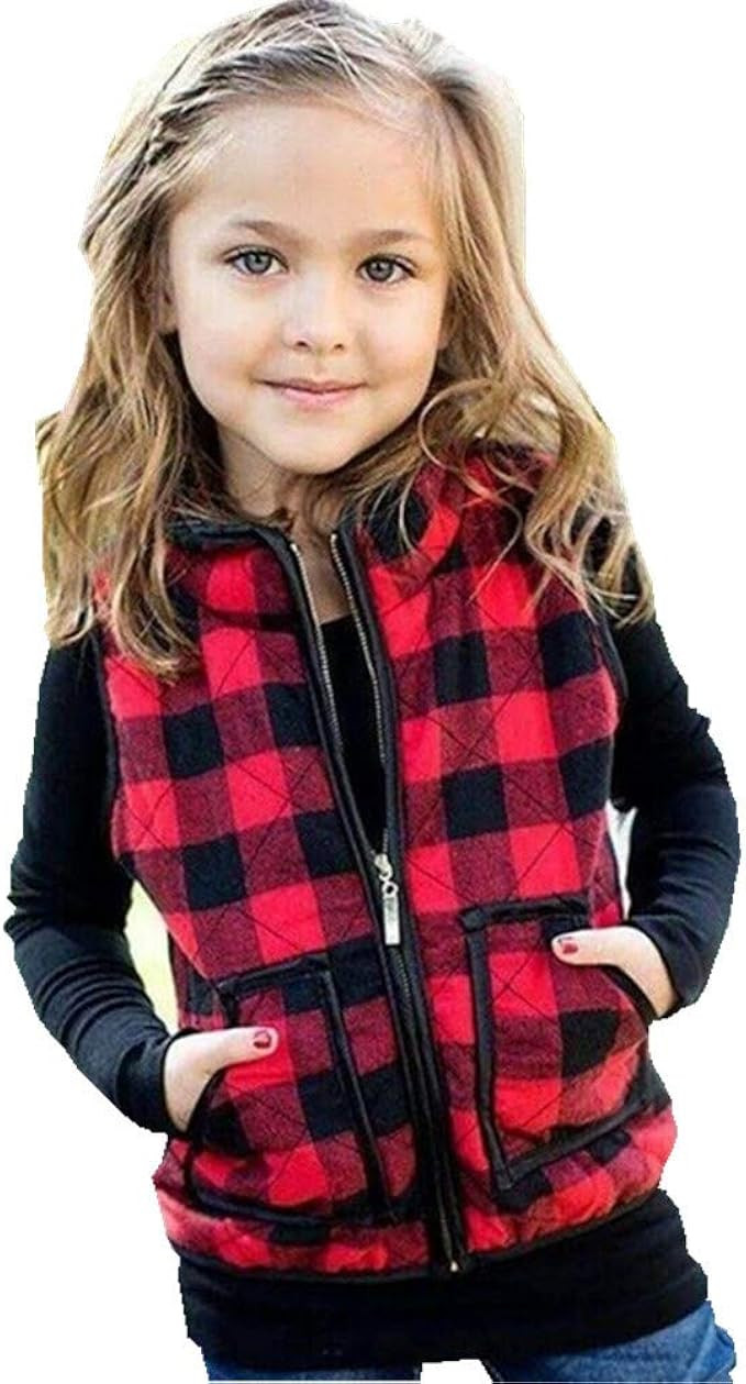 Toddler Baby Girl Plaid Zipper Jacket Kids Sleevless Fall Winter Warm Waistcoat Vest Pocket Coat ... | Amazon (US)