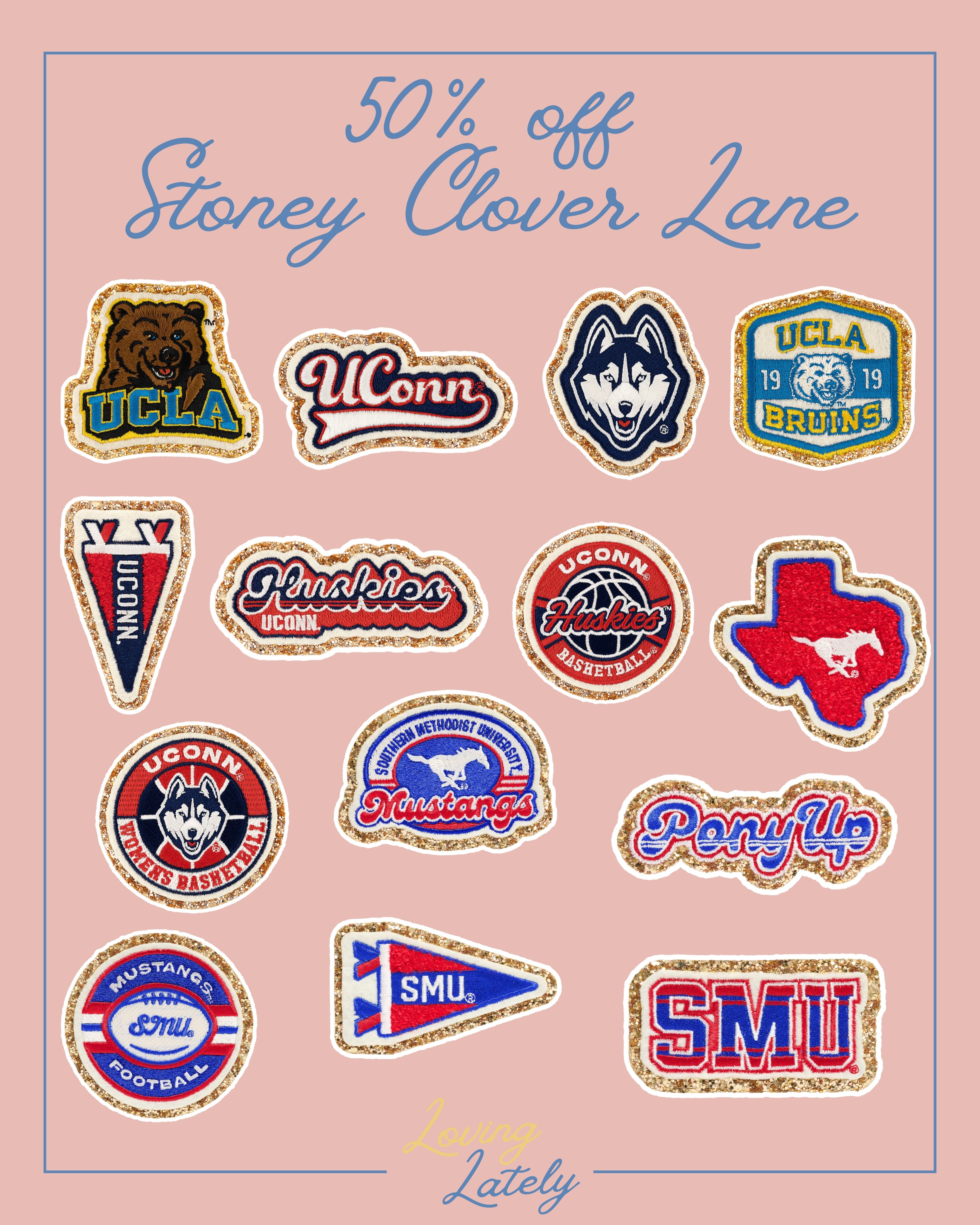 50% off Stoney Clover Lane collegiate patches! Perfect for game day looks and football season!

UCLA | Bruins | UConn | Huskies | SMU | Mustangs | Pony Up | Dallas | California | Connecticut  

 #LTKSaleAlert #LTKFindsUnder50