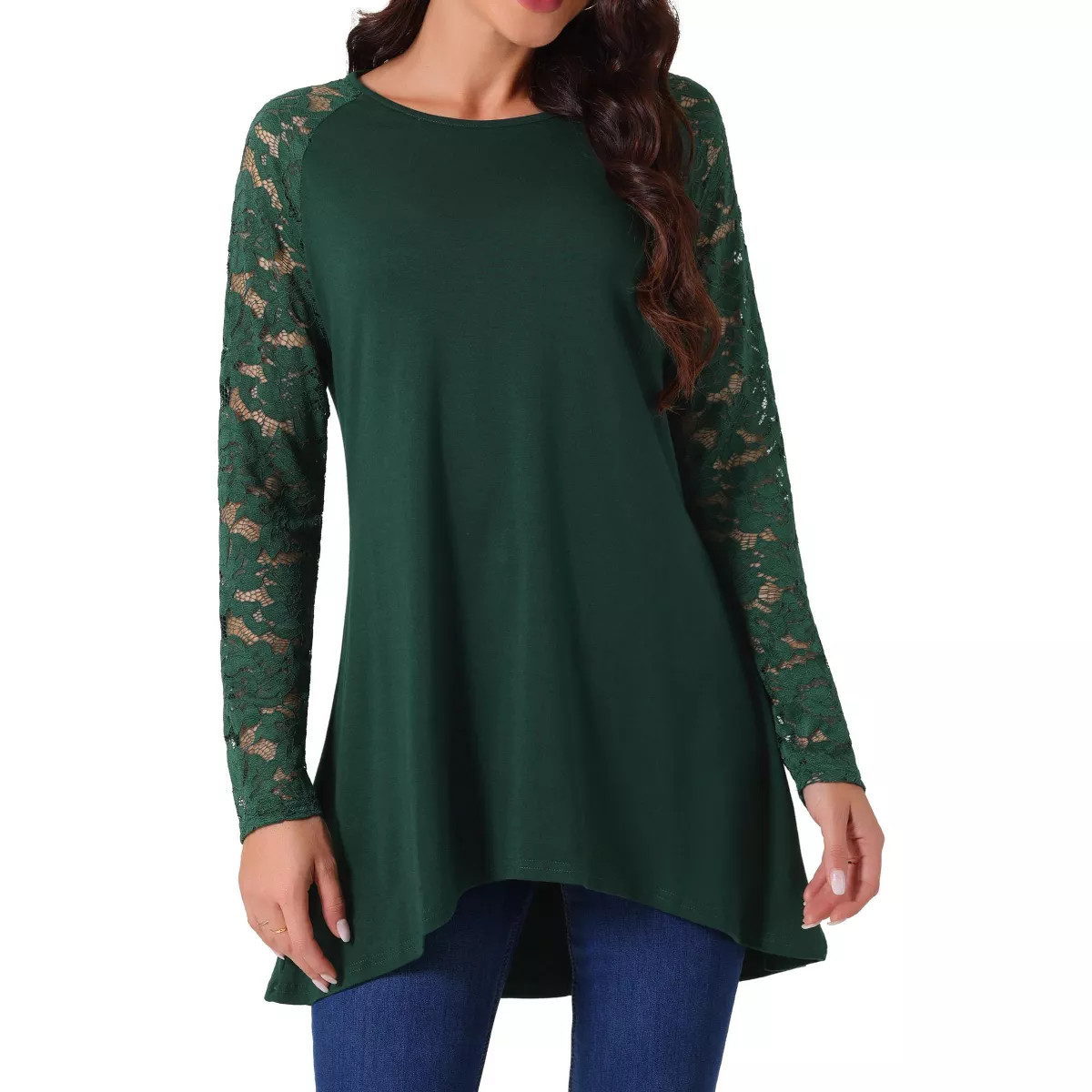 Seta T Women's Lace Sleeve High Low Hem Crewneck Blouse | Target