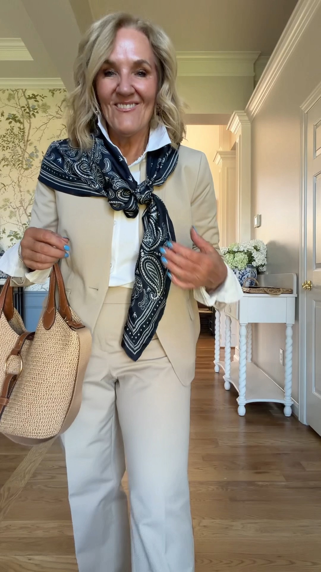 Talbots sale! 
Summer suit for the office work conferences or travel. 
Jacket size 10 petite 
Pants size 8 regular I think they’re supposed to be an ankle length. They are a straight leg. 
Blouse is a performance poplin and so sharp for travel. I wear a small 
Linking similar scarves 

#LTKSaleAlert #LTKOver40 #LTKWorkwear

#LTKPetite

#LTKTravel