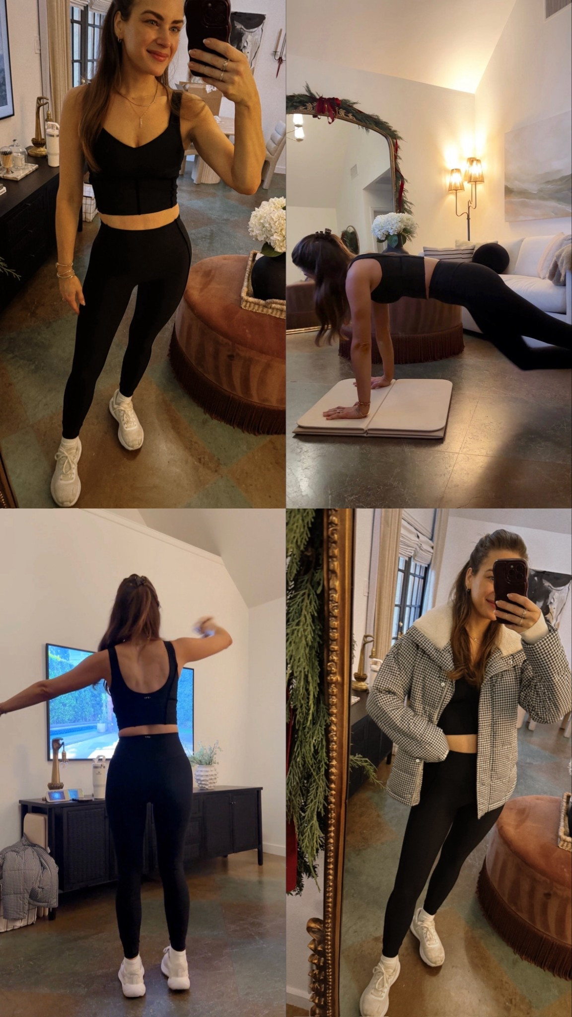 #AbercrombiePartner This new set got me up before the kids did. I am so excited to be partnering with @abercrombie to share a quick morning workout vlog today! My full outfit is from AF YPB. It may look like a standard black set from far away, but it has a subtle velvet detail down the sides & on the matching sweetheart top that I love. Especially for this time of year & paired with the houndstooth jacket. It comes in other colors but I couldn’t pass up this fun print!

I have these leggings in a few colors. They have the perfect amount of compression to hold you in during workouts, but are comfortable enough to wear all day. I will link everything with sizing info & more YPB favs in my @shop.ltk here. #liketkit

Top - Small
Leggings - Small
Jacket - XS
