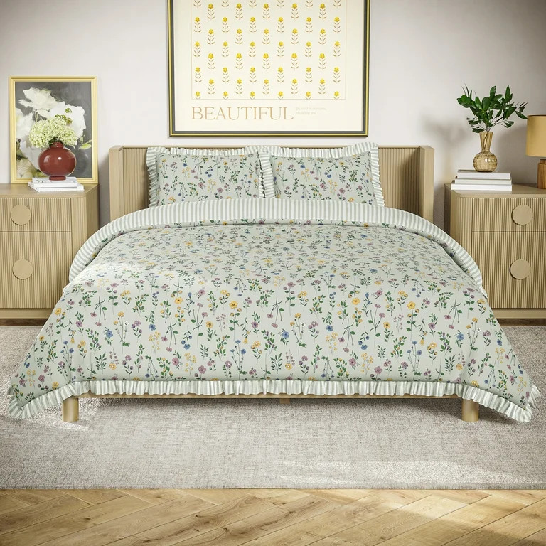 Beautiful 100% Cotton Botanical 3-Piece Sage Green Comforter Set, Full/Queen by Drew Barrymore | Walmart (US)