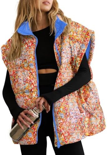 Tankaneo Womens Floral Oversized Puffer Vest Cap Sleeve Winter Warm Puffy Quilted Jackets Coat | Amazon (US)