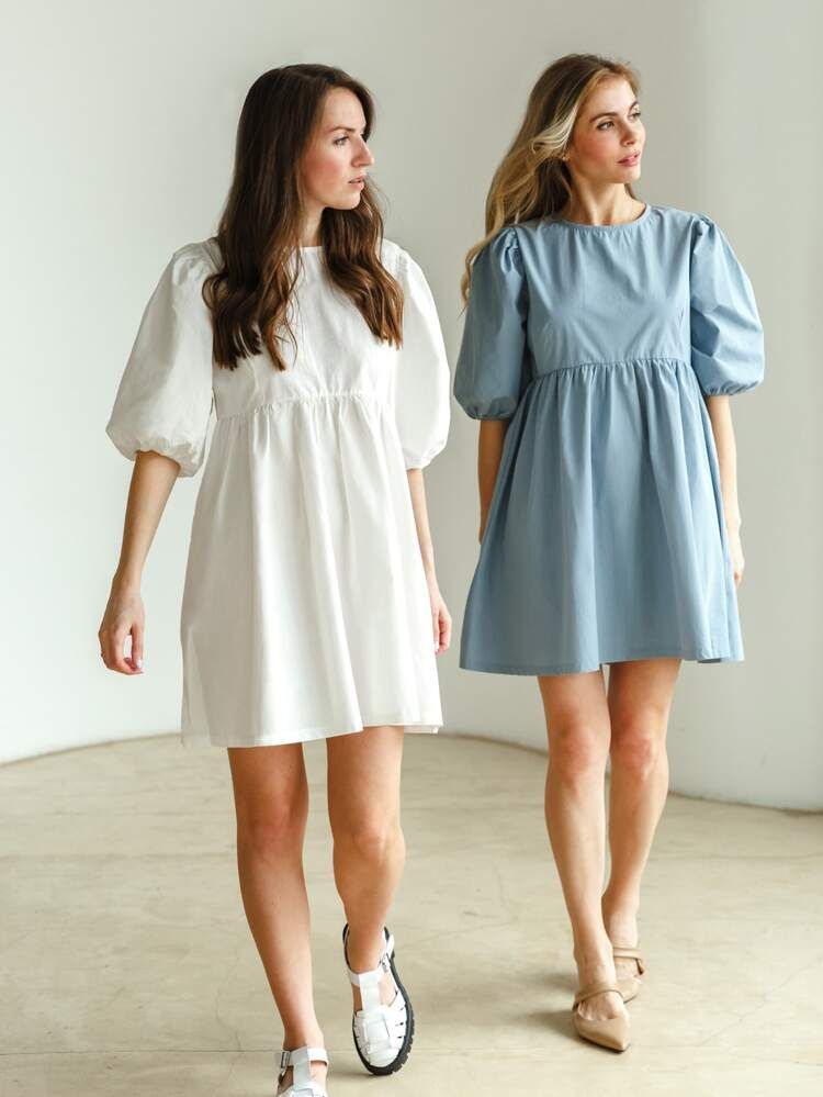 1pc Solid Puff Sleeve Babydoll Dress | SHEIN USA | SHEIN